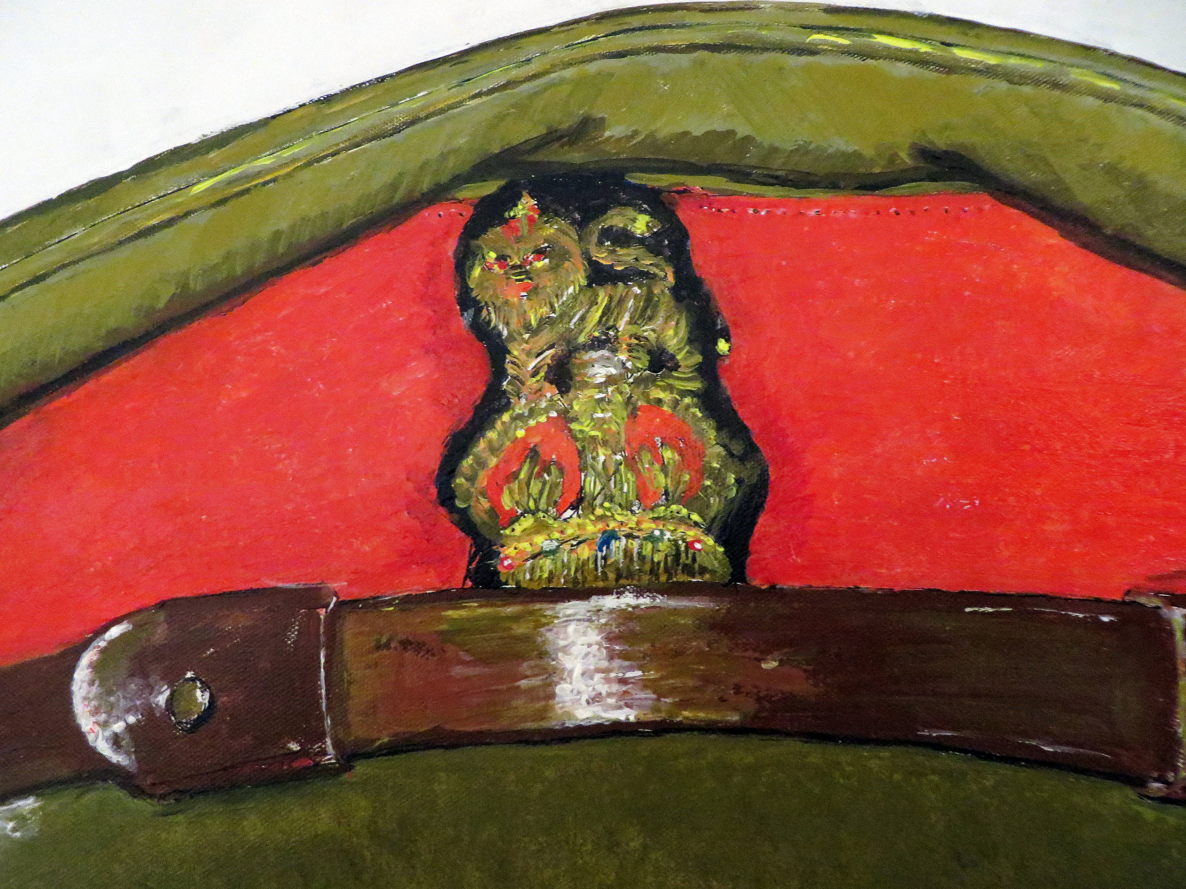 Painting, British Army Staff Officer, WW2, Brigadier Visor Cap with bullion insignia and red band. 24"x30"x1/2" acrylic on canvas.
