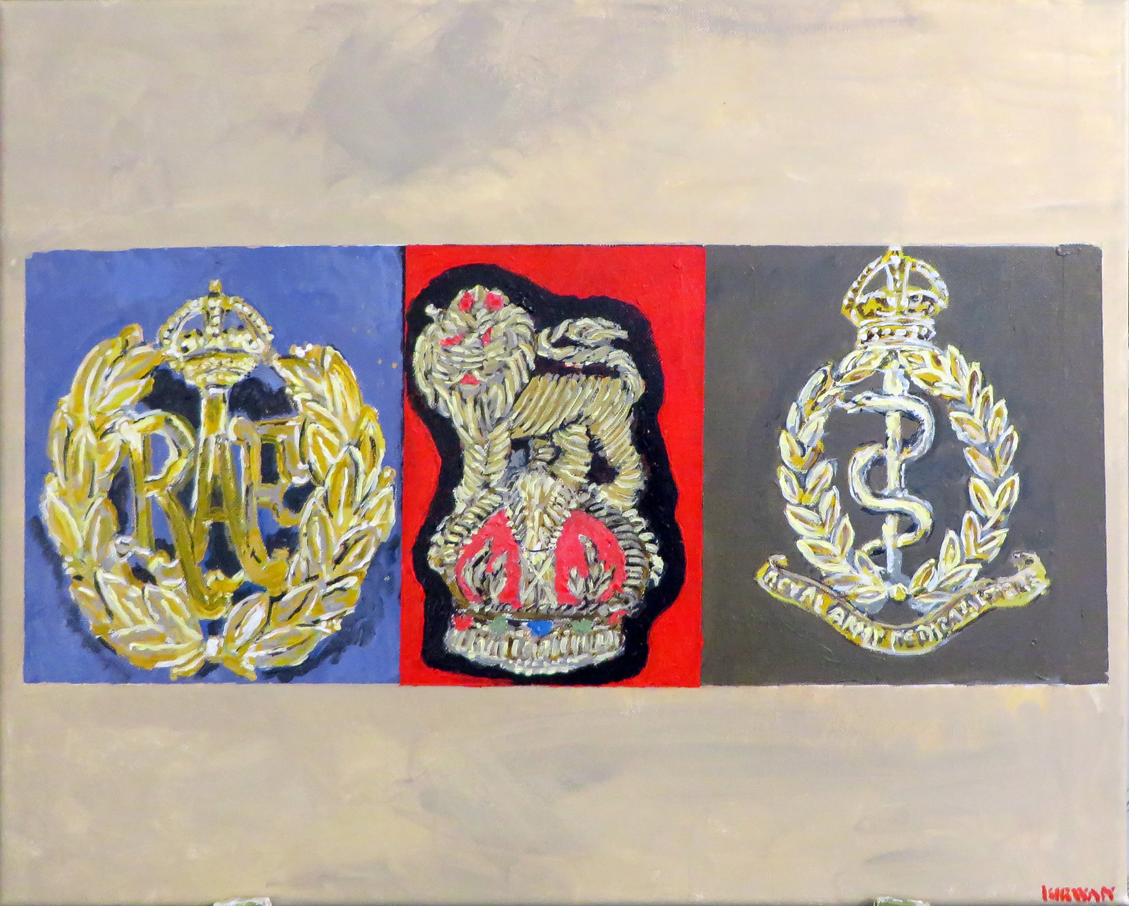 Painting, Insignia, Cap Badges. British Armed Services World War Two. 16"x20"x1/2" acrylic on canvas.