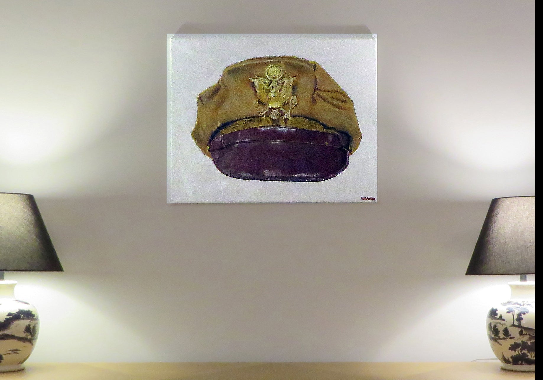 Painting, USAAF Bancroft Flighter Crusher Cap WW2. Acrylic on Canvas. Tropical version. 24"x 30"x1/2" acrylic on canvas.