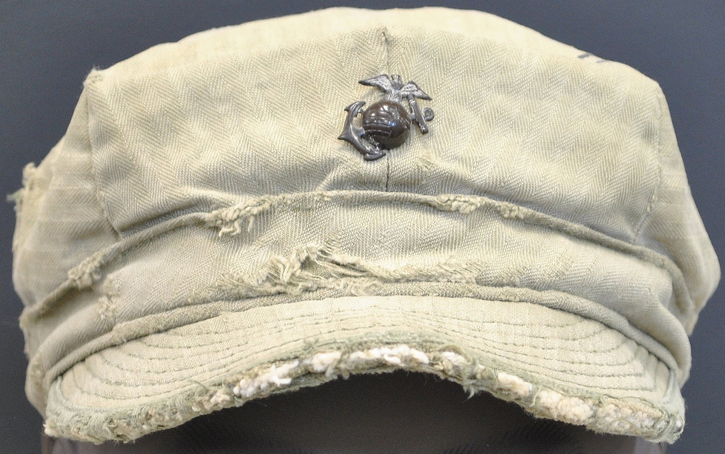 US USMC WW2 Cotton HBT Field Cap with Printed EGA, Vintage Original, Nice Condition. tropical with Metal EGA Insignia