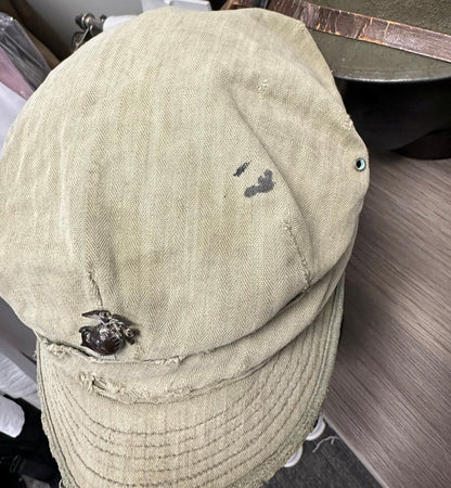 US USMC WW2 Cotton HBT Field Cap with Printed EGA, Vintage Original, Nice Condition. tropical with Metal EGA Insignia