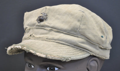 US USMC WW2 Cotton HBT Field Cap with Printed EGA, Vintage Original, Nice Condition. tropical with Metal EGA Insignia