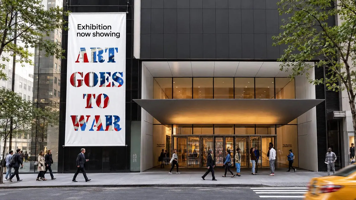Art Goes to War exhibition banner outside a gallery entrance