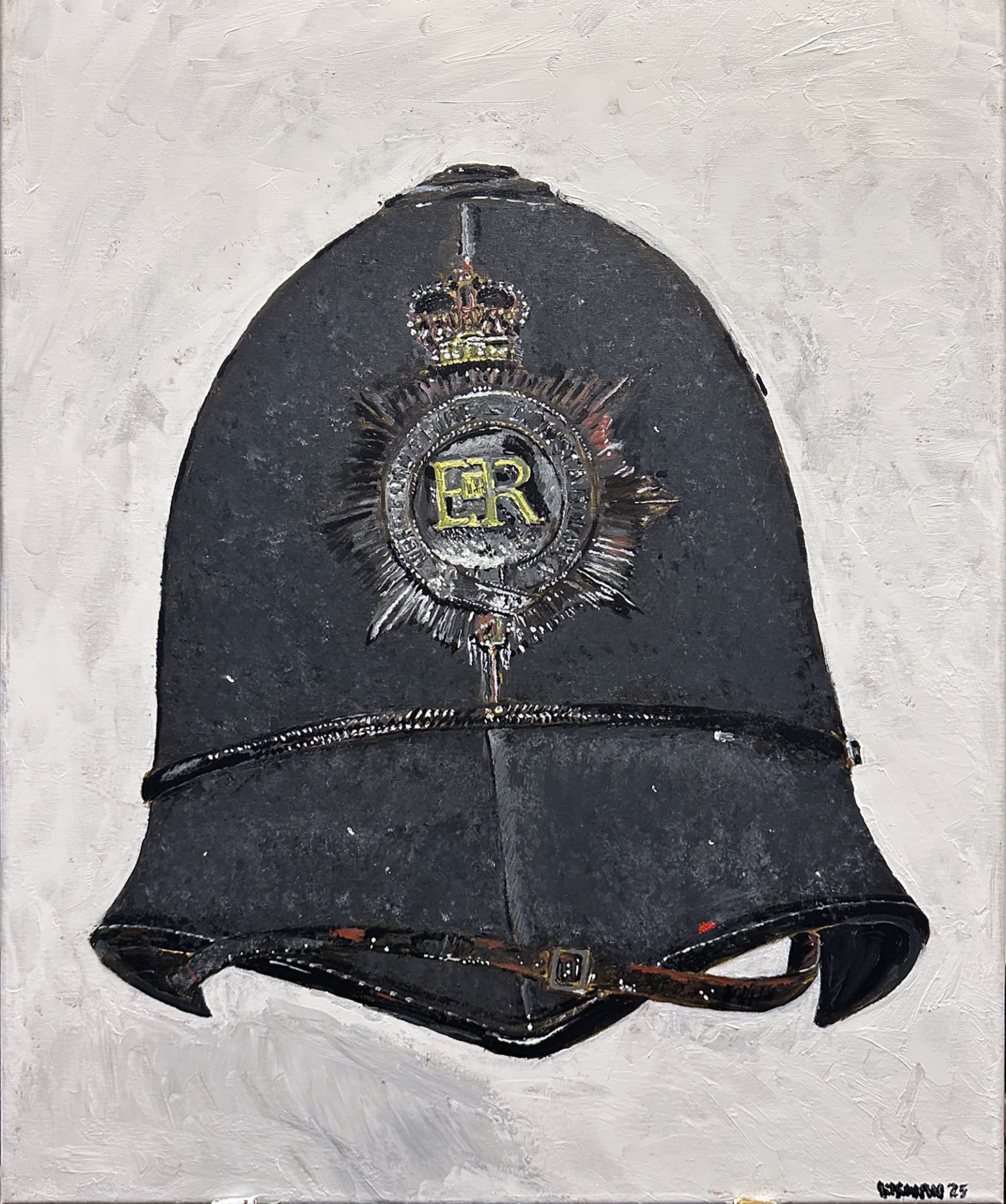 Painting, Helmet, Police Constable Hertfordshire Constabulary Police Helmet Black, Great Britain. 22"x 28"x1/2" acrylic paint on canvas.