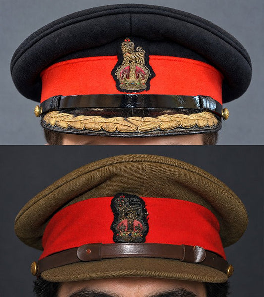 Composite image showing British Army WWII Brigadier Visor Dress and Khaki Caps