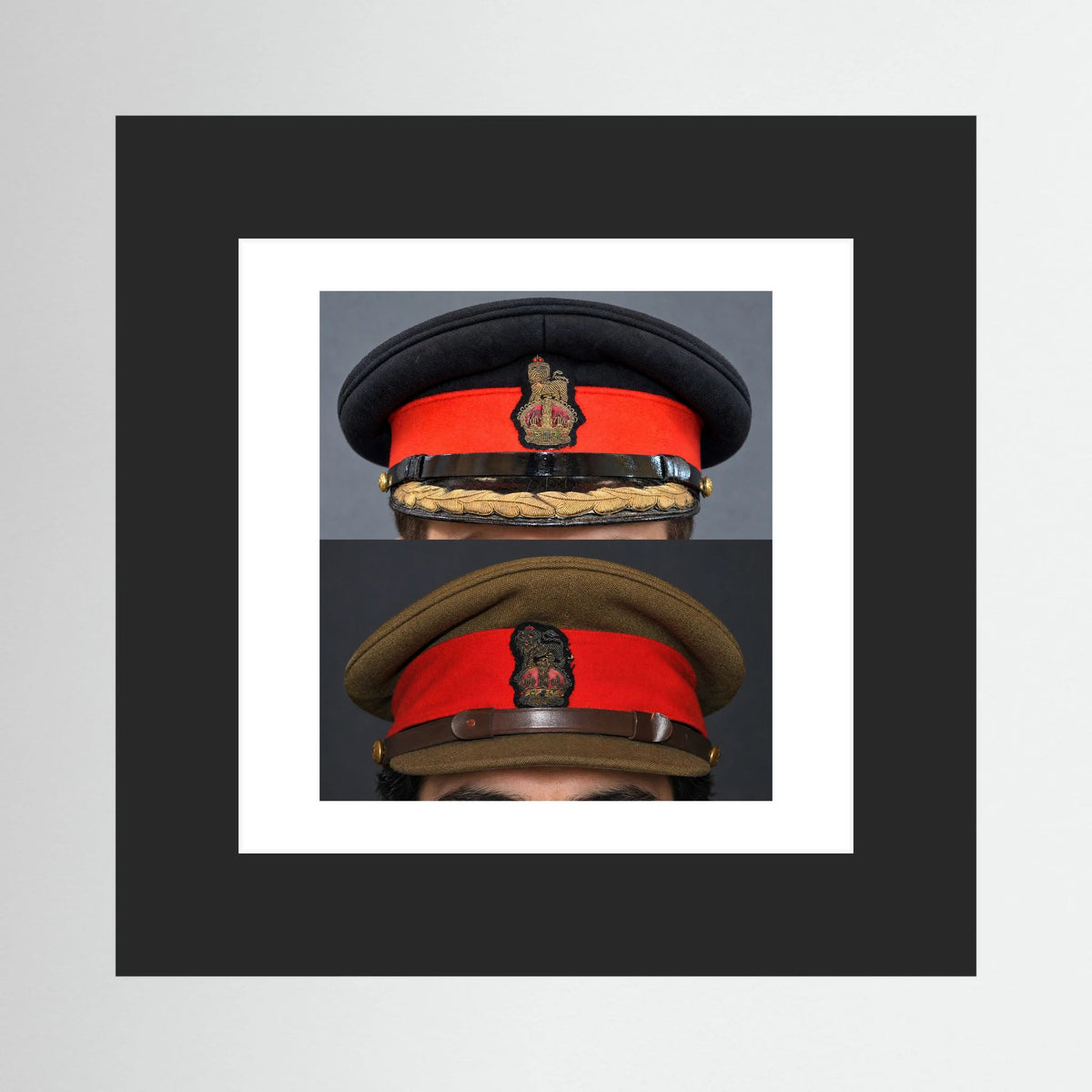 British Army WWII Brigadier Visor Dress and Khaki Caps — composite presentation mockup