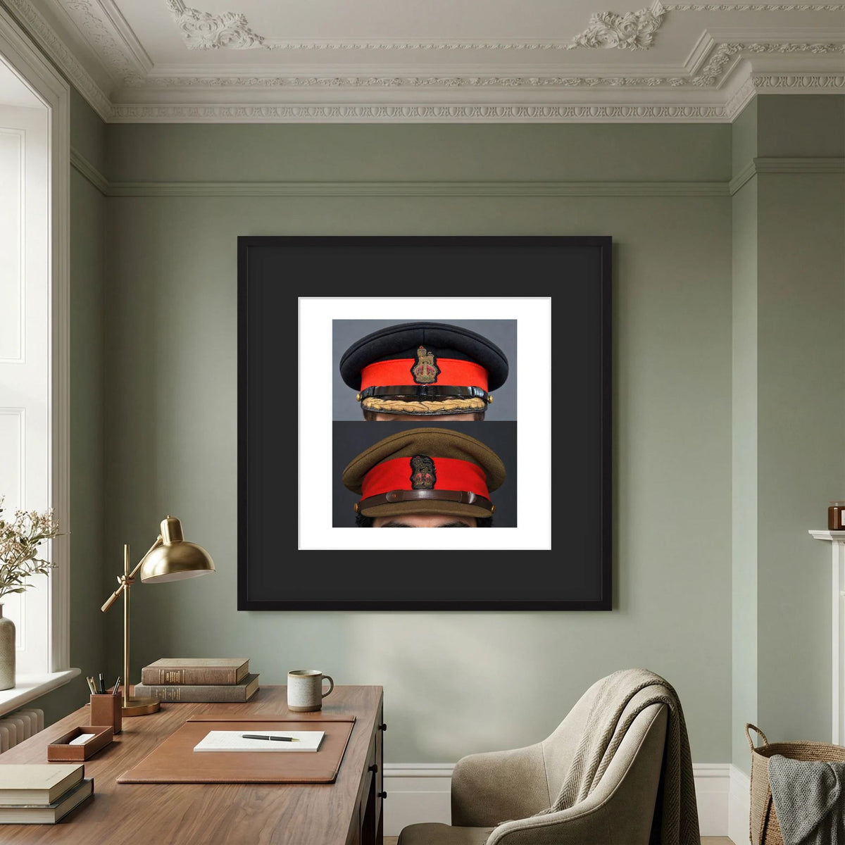 British Army WWII Brigadier Visor Dress and Khaki Caps — composite presentation mockup