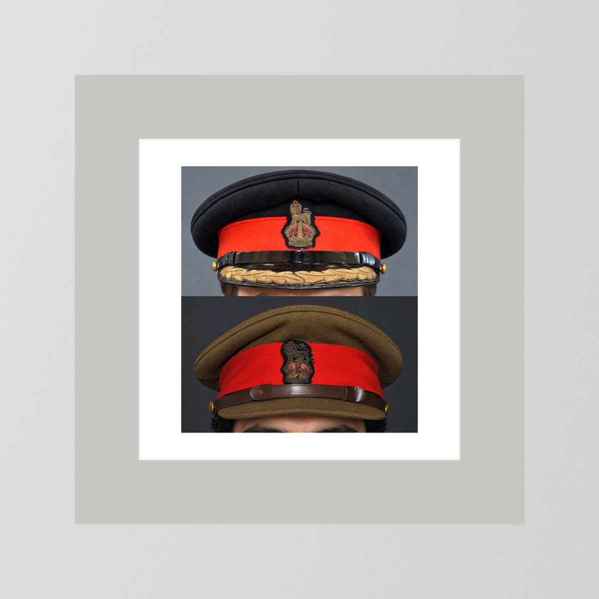 British Army WWII Brigadier Visor Dress and Khaki Caps — composite presentation mockup