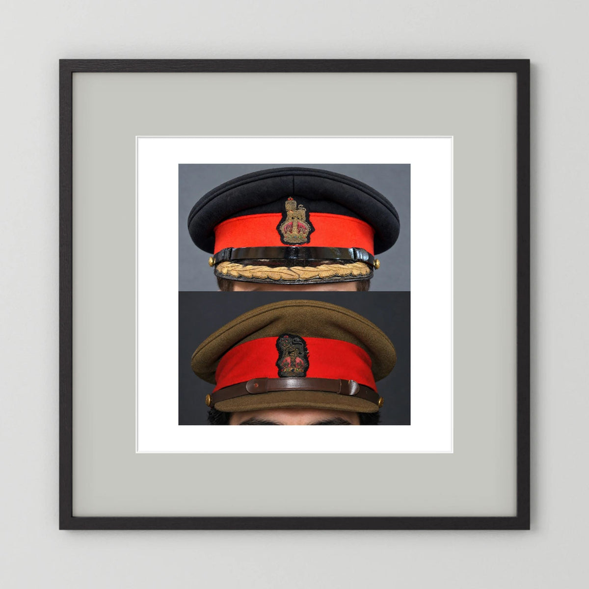 British Army WWII Brigadier Visor Dress and Khaki Caps — composite presentation mockup