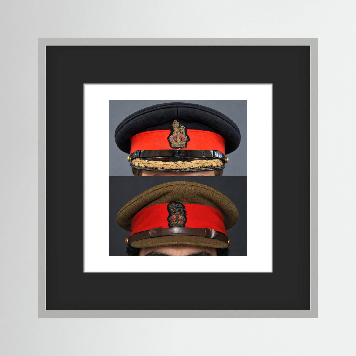 British Army WWII Brigadier Visor Dress and Khaki Caps — composite presentation mockup