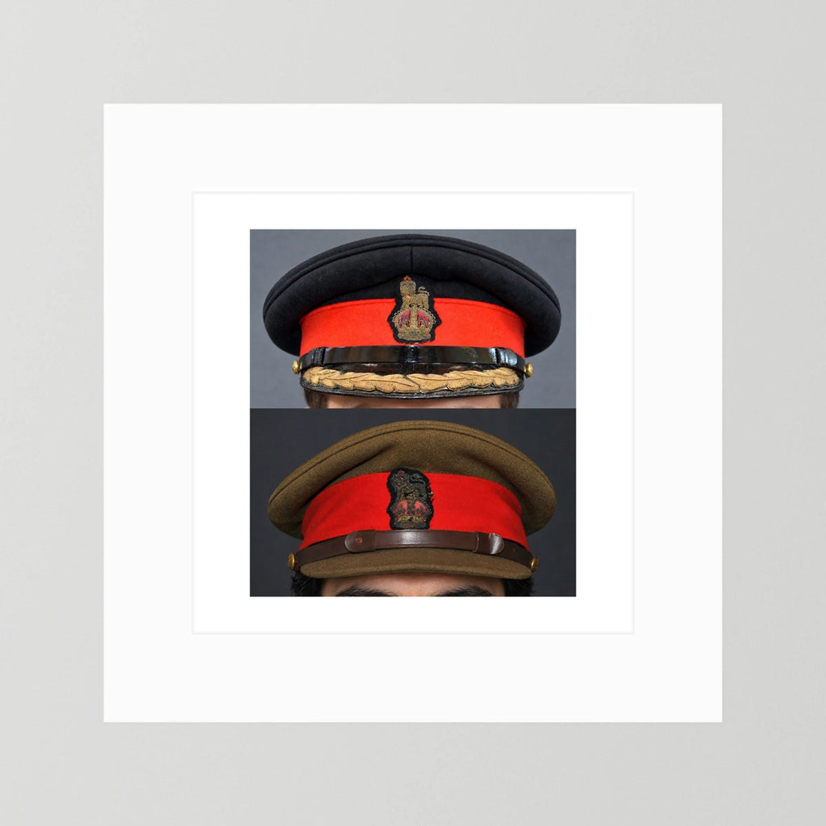 British Army WWII Brigadier Visor Dress and Khaki Caps — composite presentation mockup