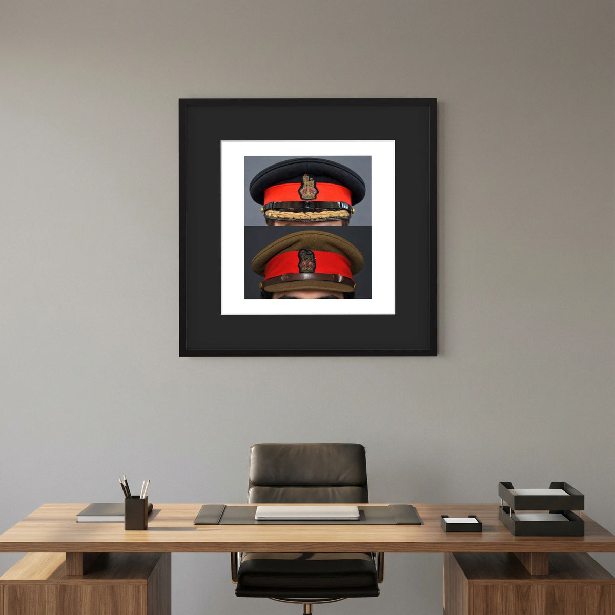 British Army WWII Brigadier Visor Dress and Khaki Caps — composite presentation mockup