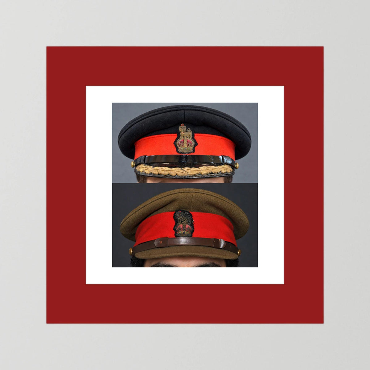 British Army WWII Brigadier Visor Dress and Khaki Caps — composite presentation mockup