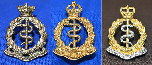 Composite image showing British Royal Army Medical Corps Victorian, World War 2 & Post-1953 Bi-metal versions