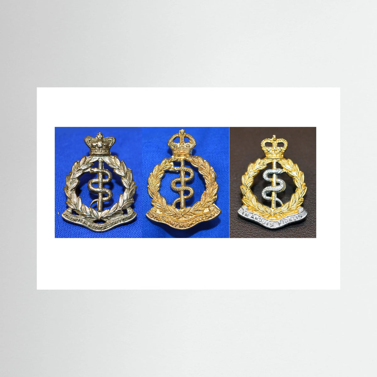 Composite image showing British Royal Army Medical Corps Victorian, World War 2 & Post-1953 Bi-metal versions