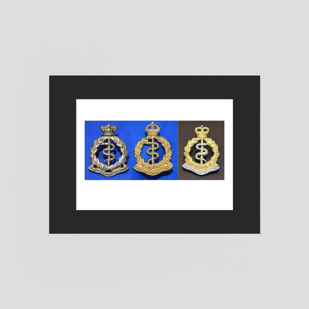 Composite image showing British Royal Army Medical Corps Victorian, World War 2 & Post-1953 Bi-metal versions