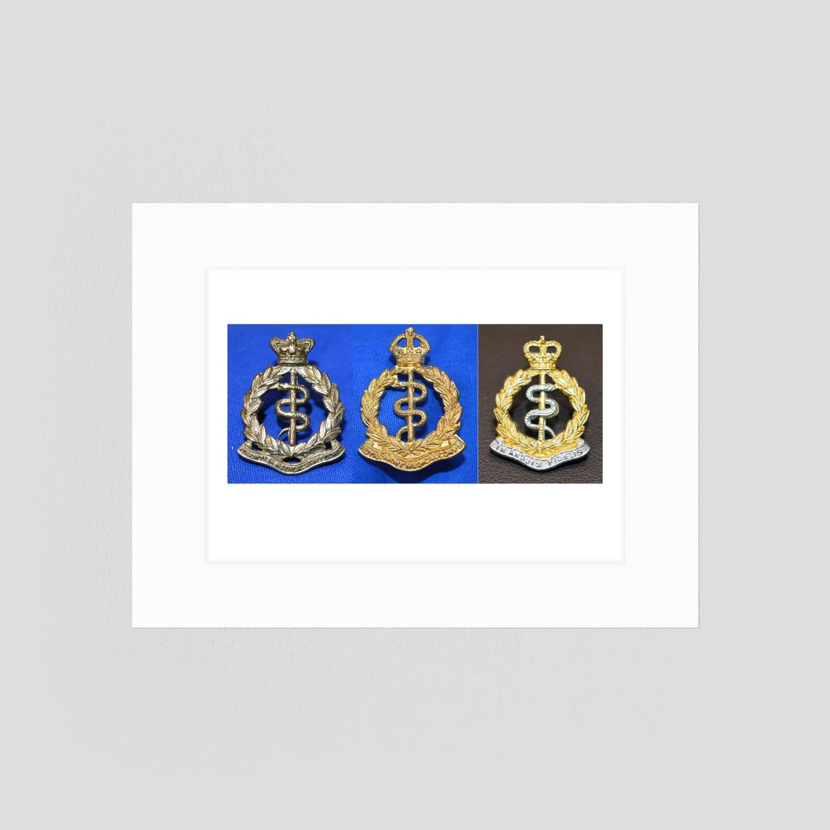 Composite image showing British Royal Army Medical Corps Victorian, World War 2 & Post-1953 Bi-metal versions