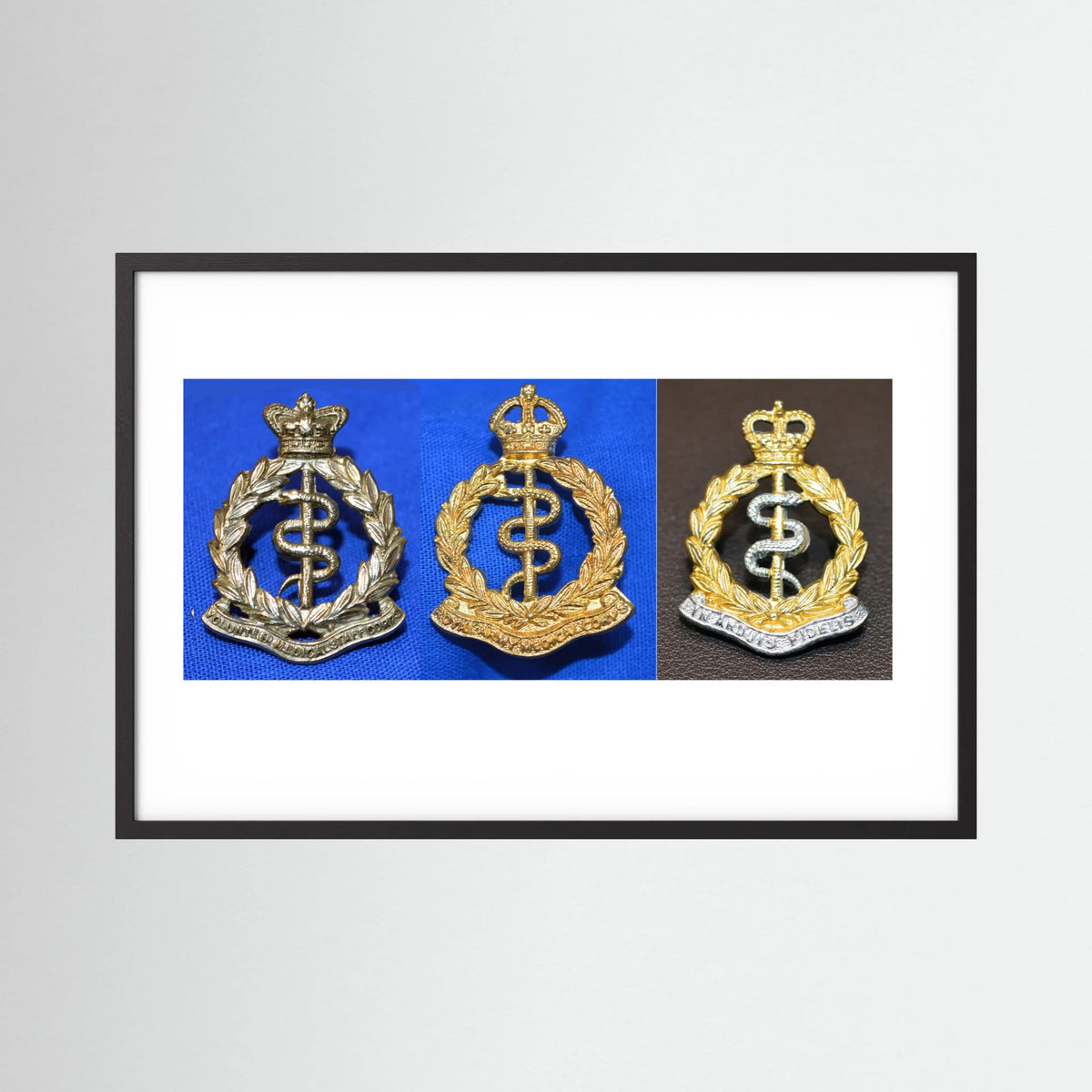 Composite image showing British Royal Army Medical Corps Victorian, World War 2 & Post-1953 Bi-metal versions
