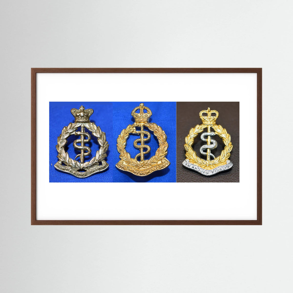 Composite image showing British Royal Army Medical Corps Victorian, World War 2 & Post-1953 Bi-metal versions