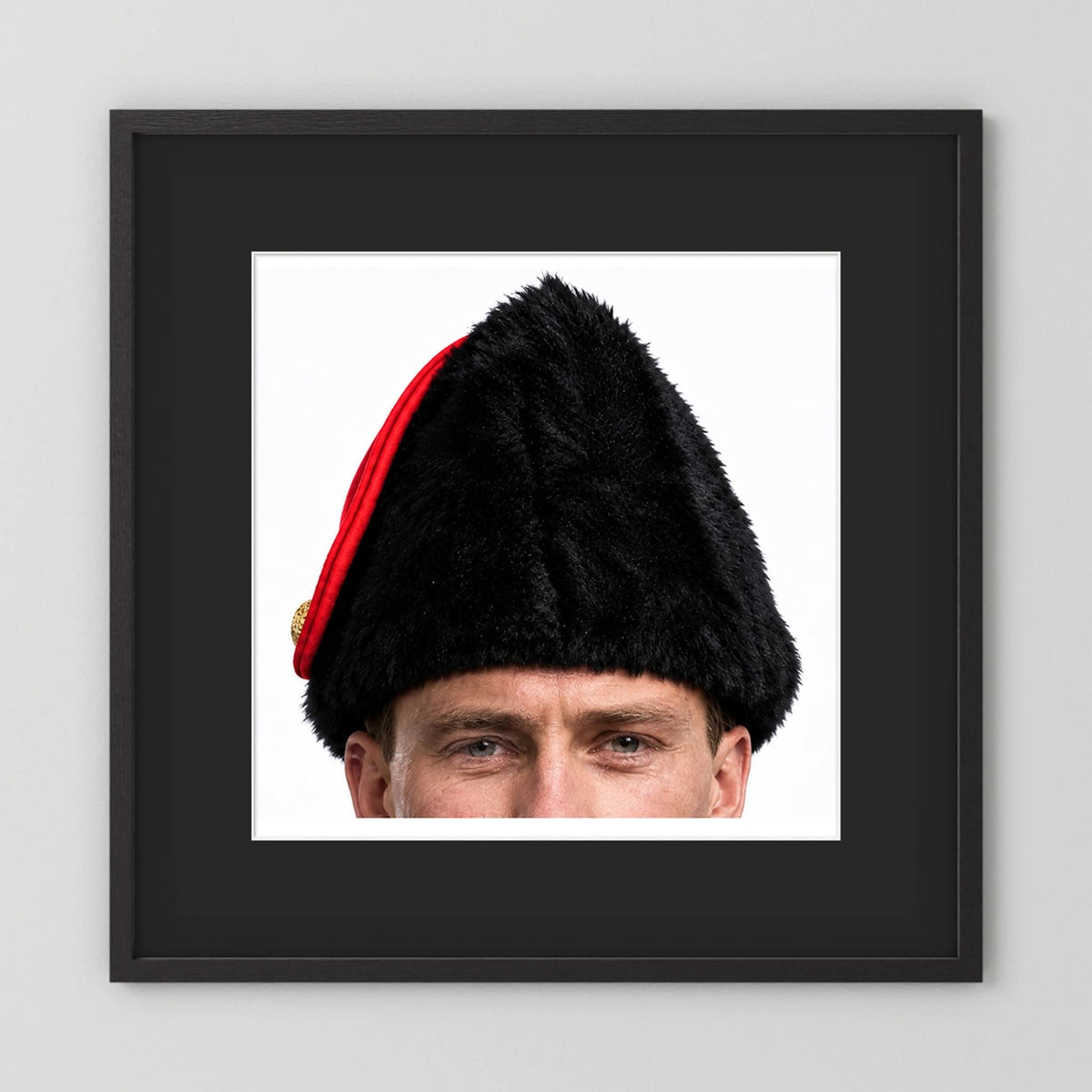 Canadian Military Issue Royal Military College Winter Wedge Fur Hat, Jan.1986 — photograph displayed in a black wood frame mockup