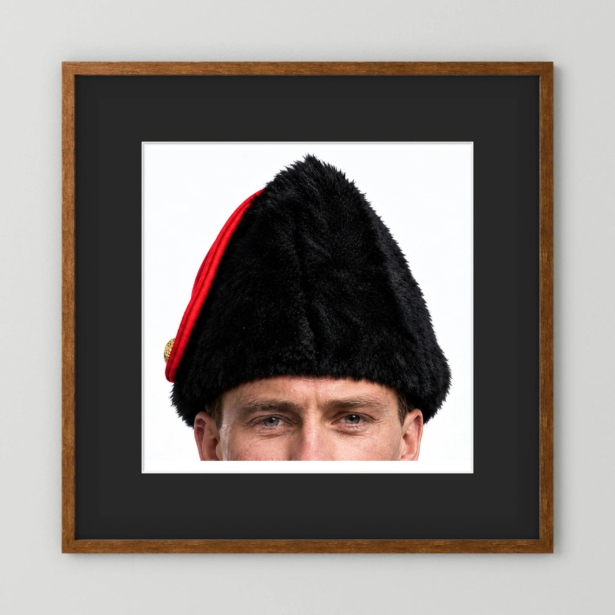 Canadian Military Issue Royal Military College Winter Wedge Fur Hat, Jan.1986 — photograph displayed in a black wood frame mockup