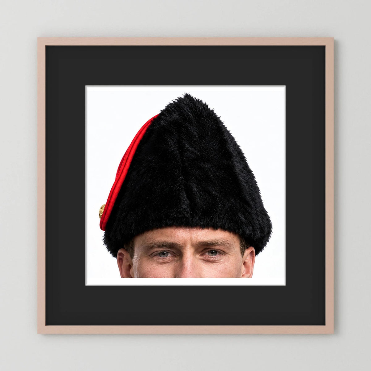 Canadian Military Issue Royal Military College Winter Wedge Fur Hat, Jan.1986 — photograph displayed in a black wood frame mockup
