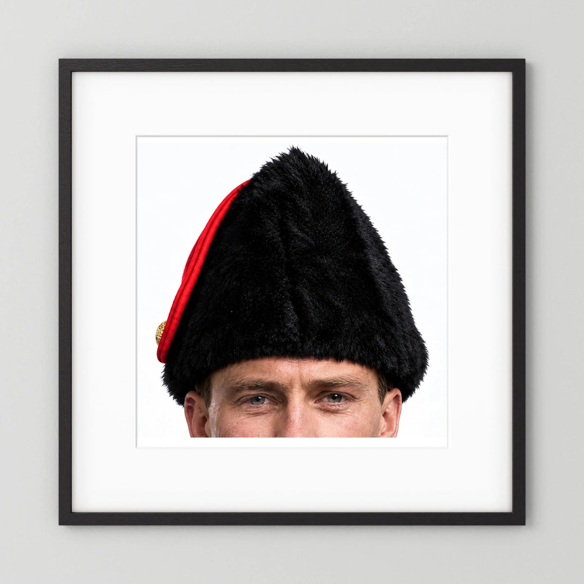 Canadian Military Issue Royal Military College Winter Wedge Fur Hat, Jan.1986 — photograph displayed in a black wood frame mockup