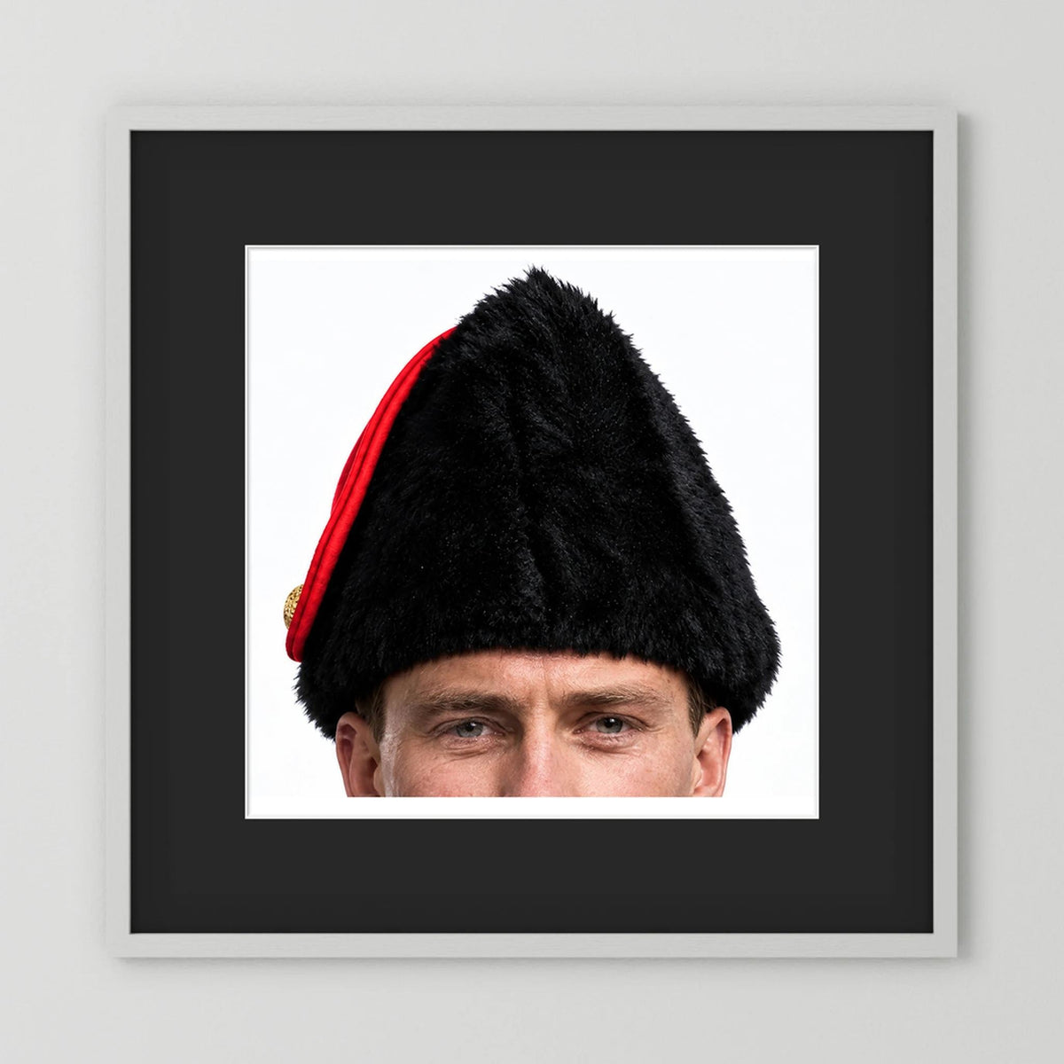 Canadian Military Issue Royal Military College Winter Wedge Fur Hat, Jan.1986 — photograph displayed in a black wood frame mockup