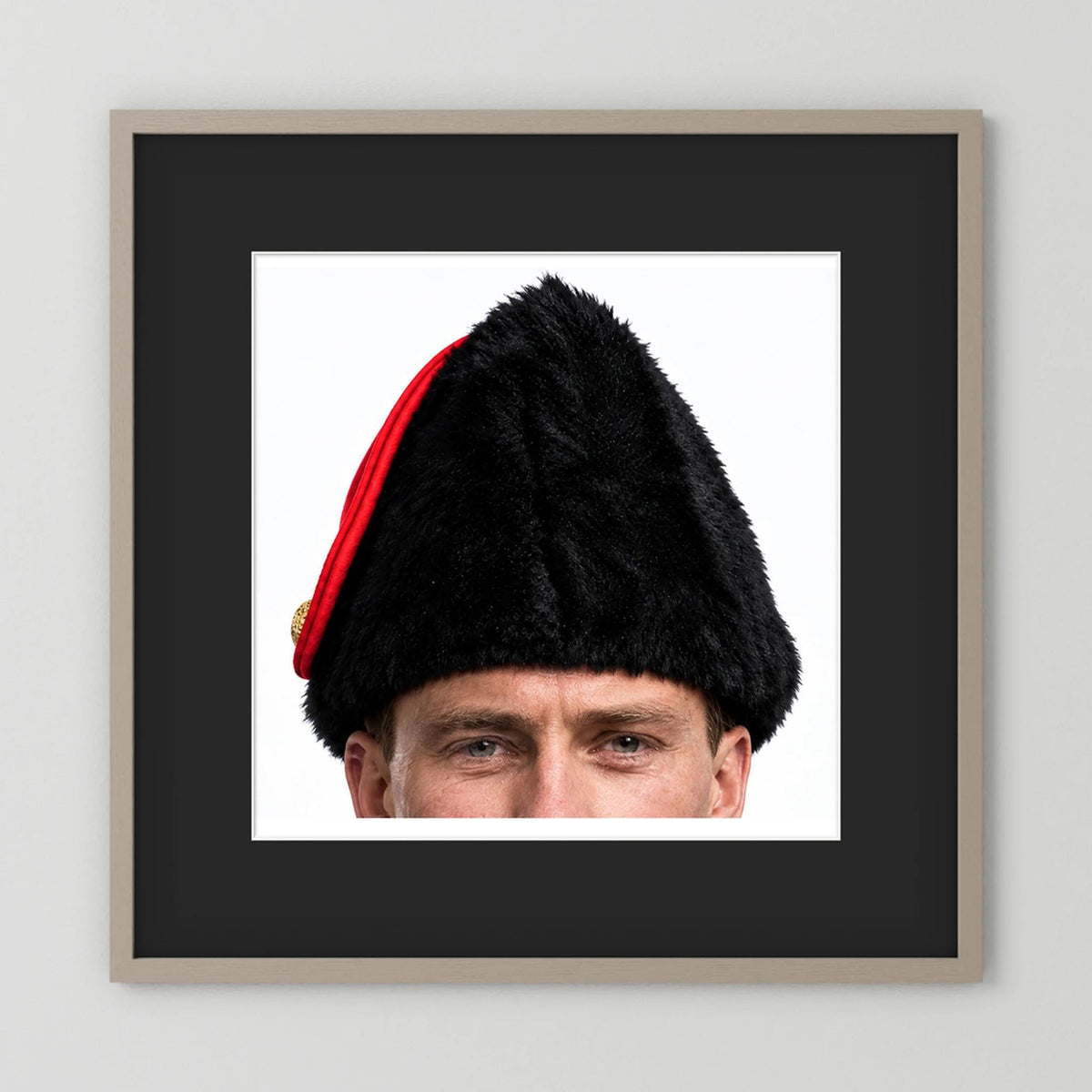Canadian Military Issue Royal Military College Winter Wedge Fur Hat, Jan.1986 — photograph displayed in a black wood frame mockup