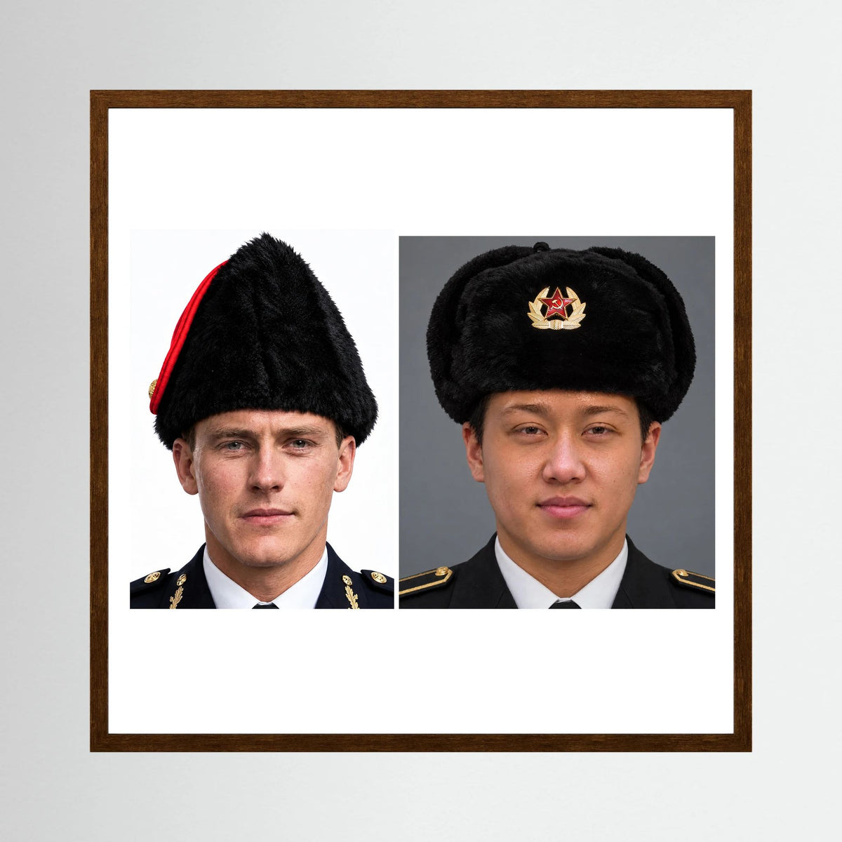 Composite image showing Canadian Military Winter Wedge Fur Hat and Russian Army Ushanka