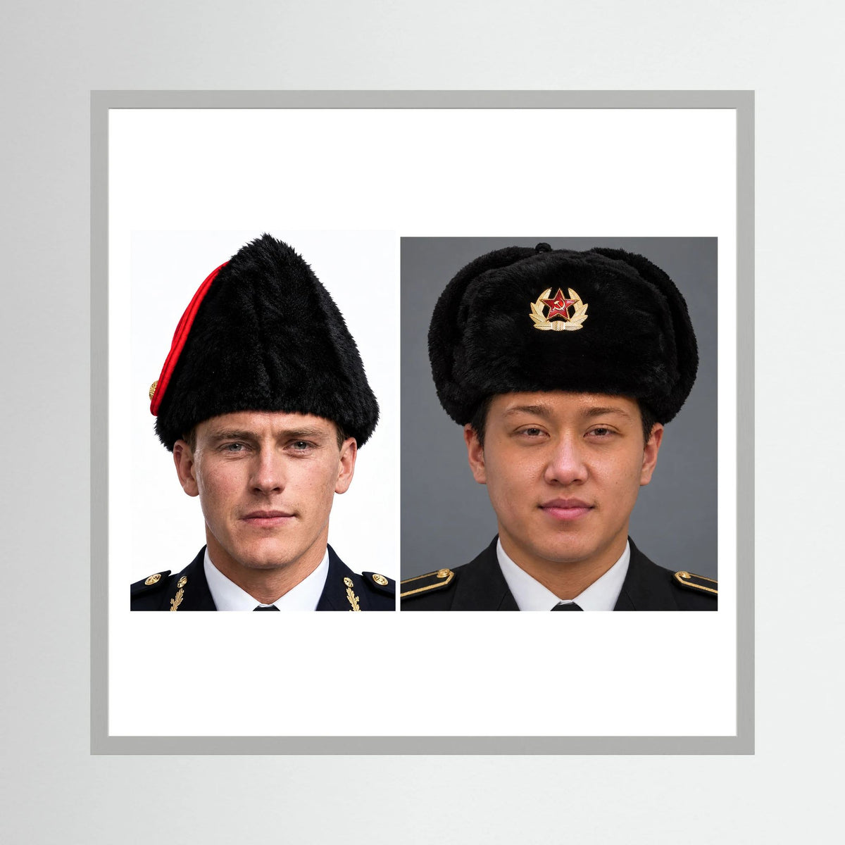 Composite image showing Canadian Military Winter Wedge Fur Hat and Russian Army Ushanka