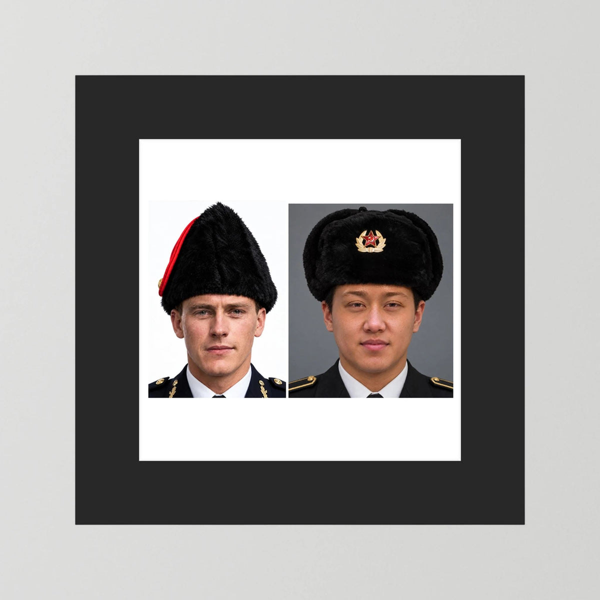 Composite image showing Canadian Military Winter Wedge Fur Hat and Russian Army Ushanka