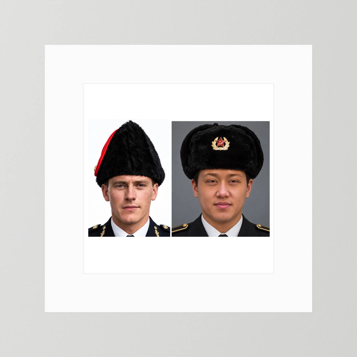 Composite image showing Canadian Military Winter Wedge Fur Hat and Russian Army Ushanka