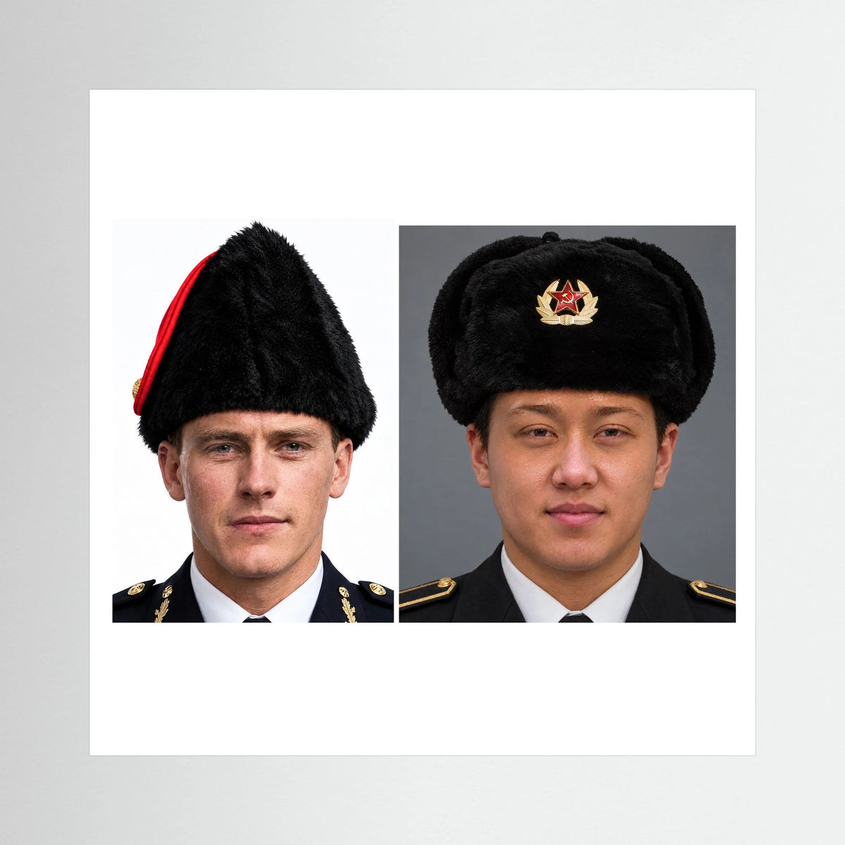 Composite image showing Canadian Military Winter Wedge Fur Hat and Russian Army Ushanka