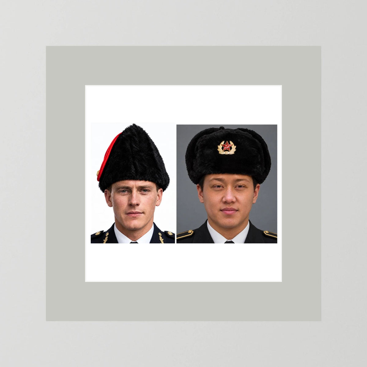Composite image showing Canadian Military Winter Wedge Fur Hat and Russian Army Ushanka