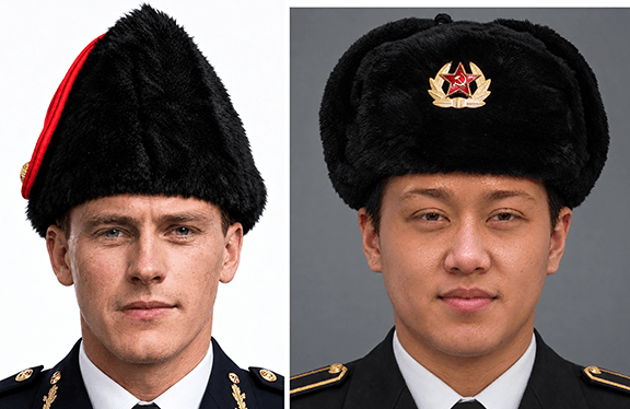Composite image showing Canadian Military Winter Wedge Fur Hat and Russian Army Ushanka
