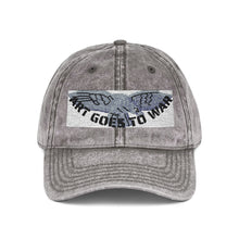 Artwork featuring Cap. Vintage Embroidered Eagle — Distressed Grey Baseball Hat with Blue Royal Air Force "Flying Albatross"