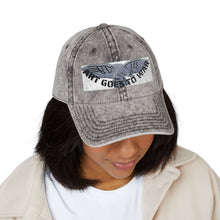 Artwork featuring Cap. Vintage Embroidered Eagle — Distressed Grey Baseball Hat with Blue Royal Air Force "Flying Albatross"