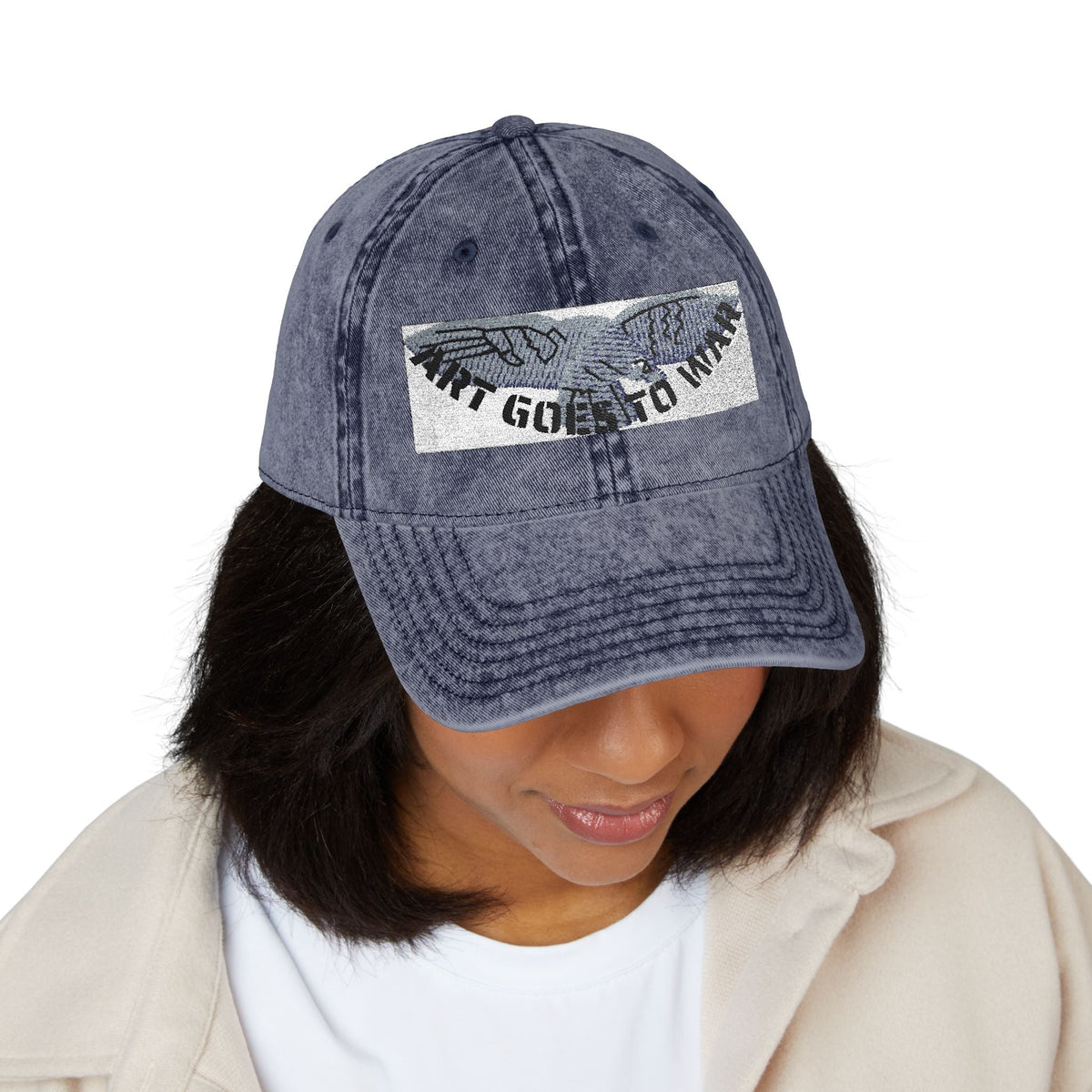 Artwork featuring Cap. Vintage Embroidered Eagle — Distressed Grey Baseball Hat with Blue Royal Air Force "Flying Albatross"