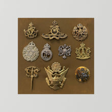 Composite image showing Display Boards of Military Insignia, Regimental & Service Cap Badges