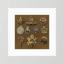 Composite image showing Display Boards of Military Insignia, Regimental & Service Cap Badges