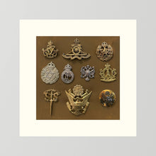 Composite image showing Display Boards of Military Insignia, Regimental & Service Cap Badges