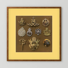 Composite image showing Display Boards of Military Insignia, Regimental & Service Cap Badges