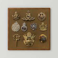 Composite image showing Display Boards of Military Insignia, Regimental & Service Cap Badges