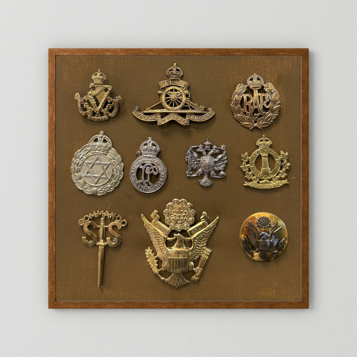 Composite image showing Display Boards of Military Insignia, Regimental & Service Cap Badges