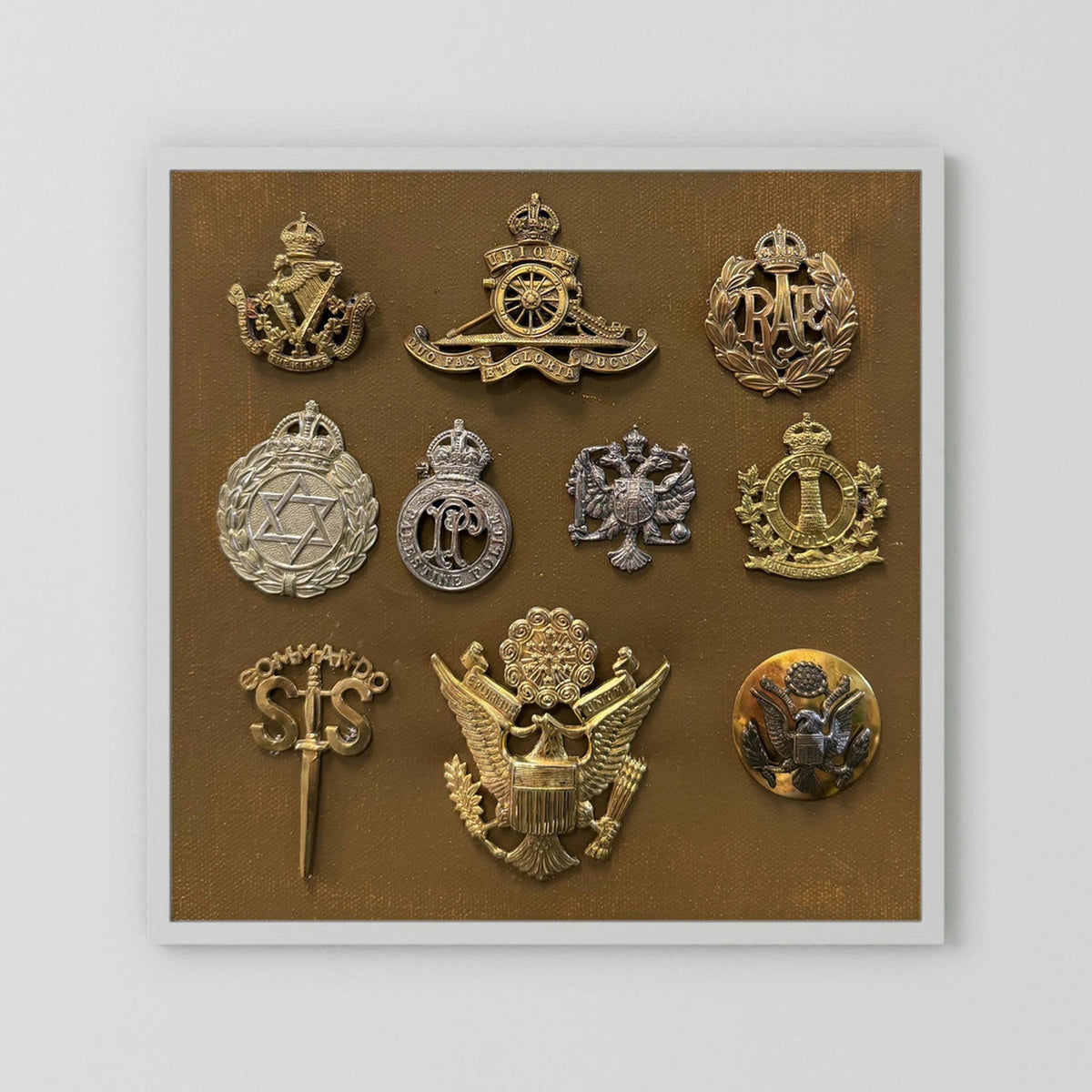 Composite image showing Display Boards of Military Insignia, Regimental & Service Cap Badges