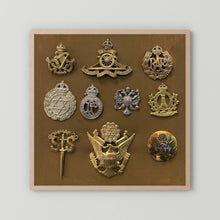 Composite image showing Display Boards of Military Insignia, Regimental & Service Cap Badges