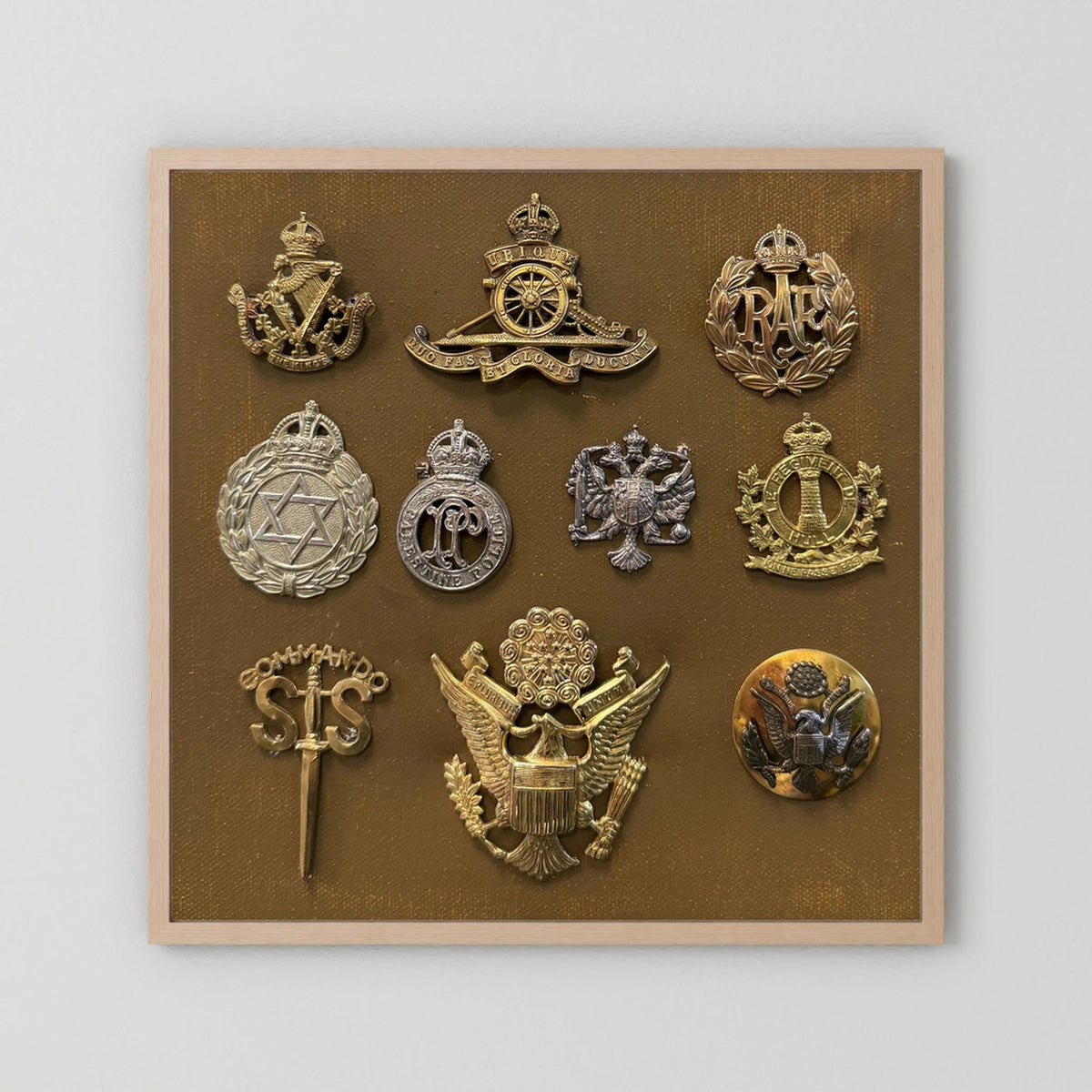 Composite image showing Display Boards of Military Insignia, Regimental & Service Cap Badges