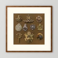 Composite image showing Display Boards of Military Insignia, Regimental & Service Cap Badges