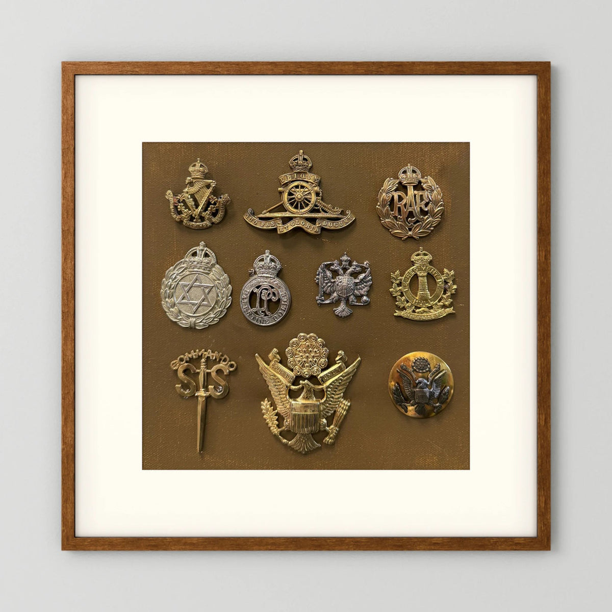 Composite image showing Display Boards of Military Insignia, Regimental & Service Cap Badges